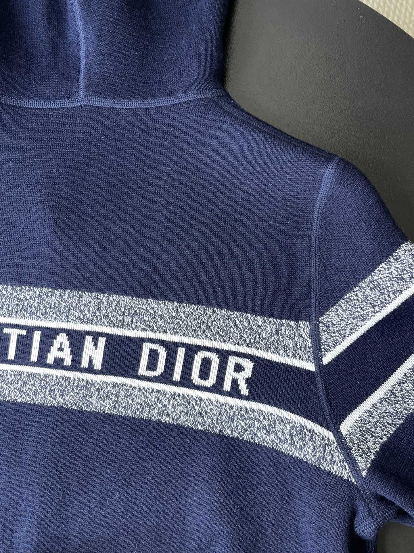 Navy Dior mock-neck knit sweater with logo stripe trim at shoulders