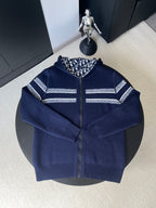 Navy Dior zip-up knit sweater with striped trim and full front zipper