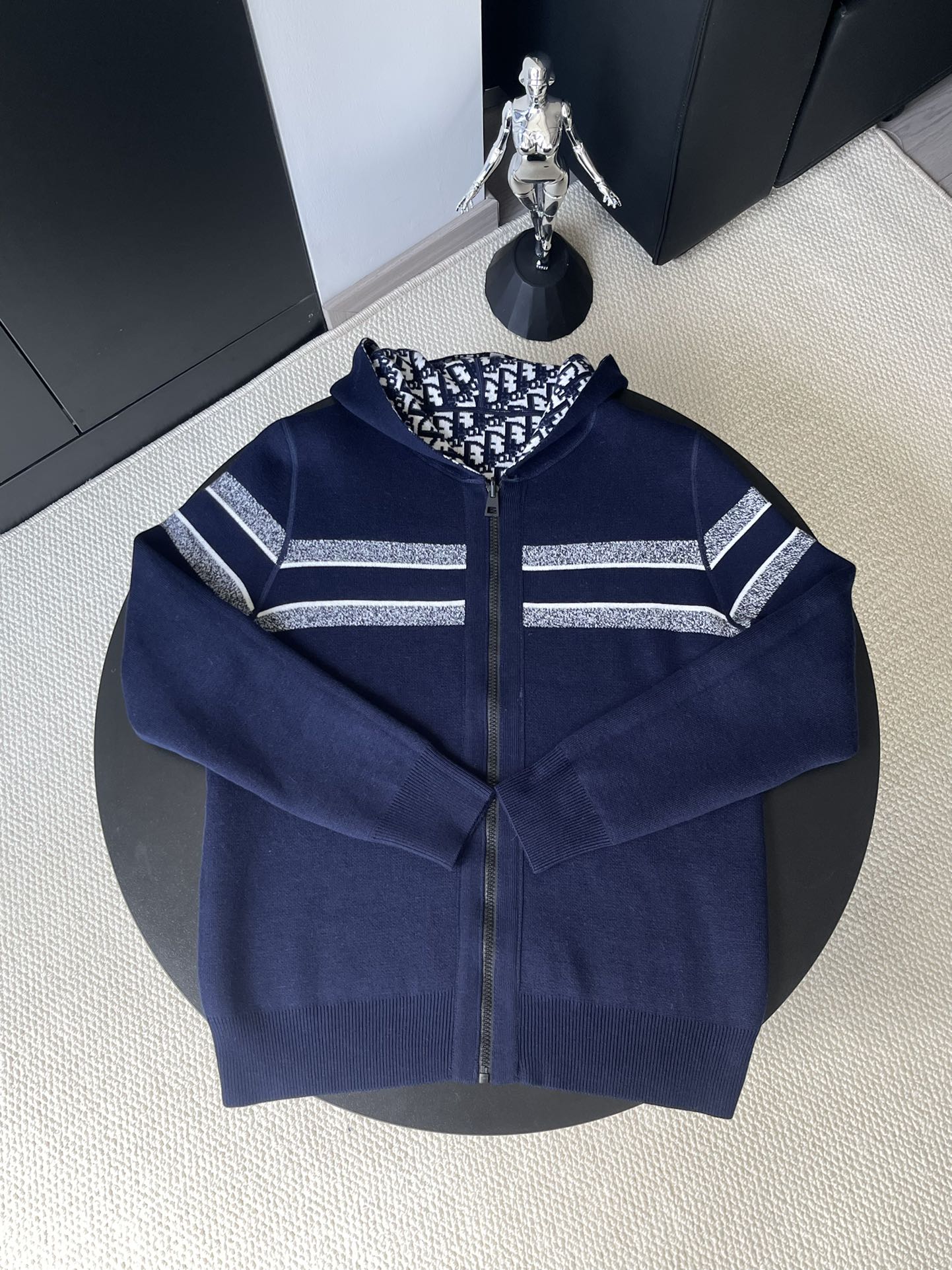 Navy Dior zip-up knit sweater with striped trim and full front zipper