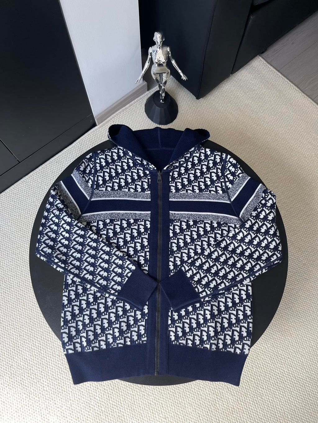 Navy Dior zip-up knit sweater with allover jacquard pattern and striped yoke