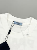 Prada short-sleeve T-shirt neckline with brand label and hanging price tag