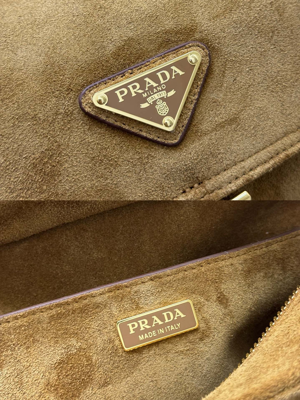 Prada logo patch on suede bag, Made in Italy leather tag