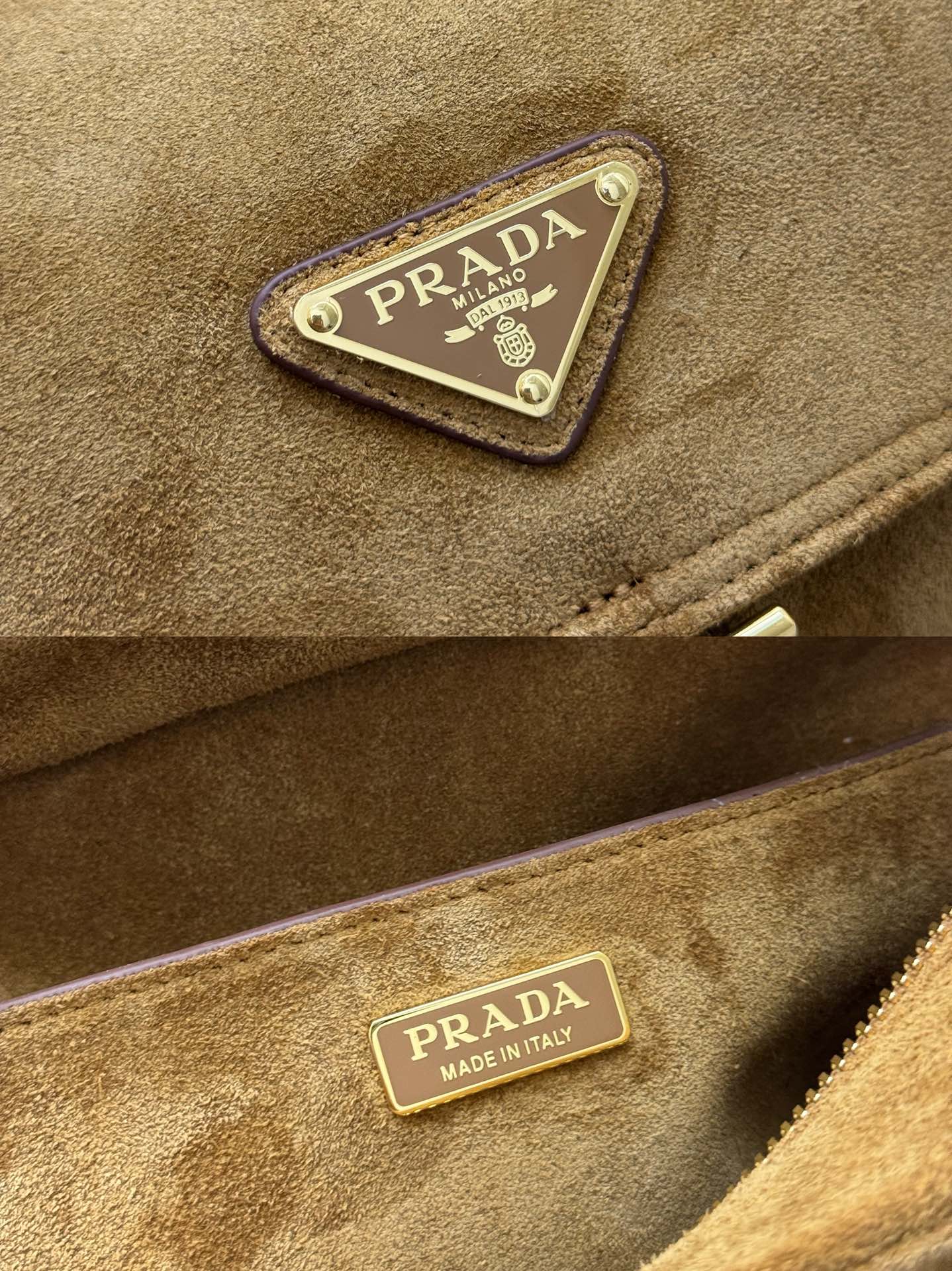 Prada logo patch on suede bag, Made in Italy leather tag