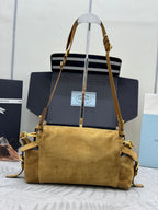 Prada suede shoulder bag with top flap, gold-tone chain strap, hobo shape