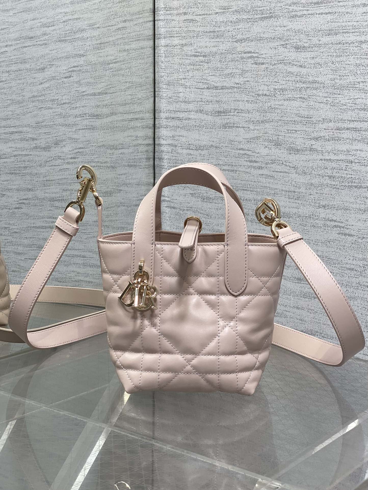 Dior quilted mini handbag with detachable shoulder strap, light pink and gold-tone hardware