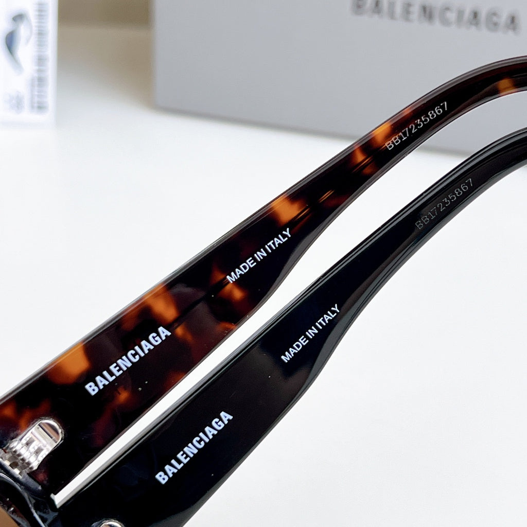 Balenciaga sunglasses with tortoiseshell arms and printed branding on temples