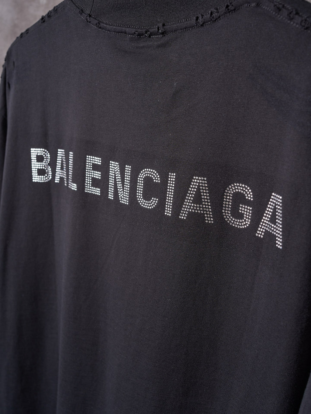 Balenciaga black short-sleeve T-shirt with rhinestone-style BALENCIAGA lettering