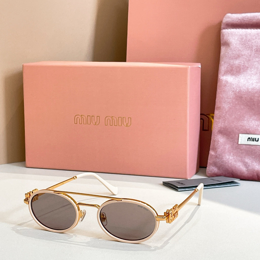 Miu Miu round sunglasses with white front, gold accents, dark tinted lenses