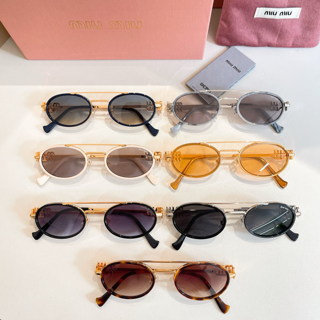 Miu Miu sunglasses assortment with different frames and tinted lenses, top view