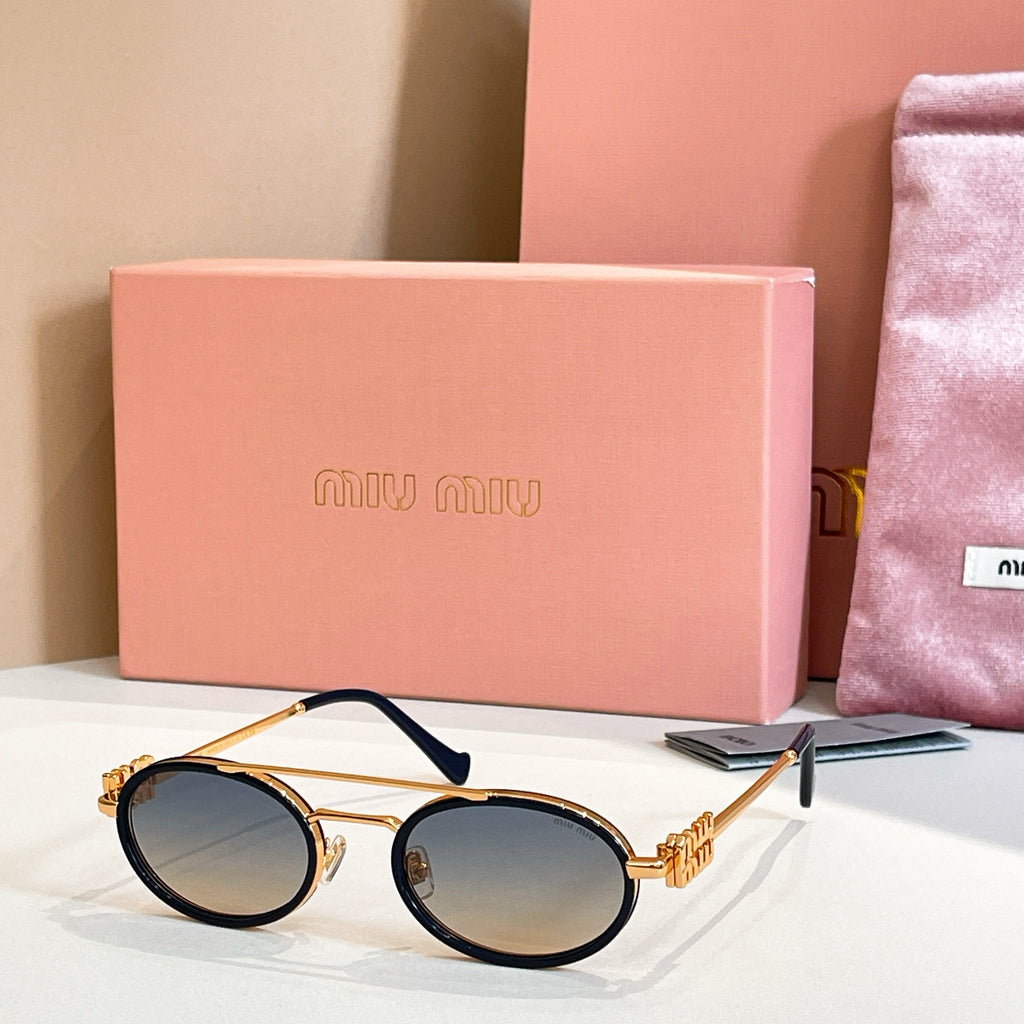 Miu Miu round sunglasses with gold frame and dark lenses, front view