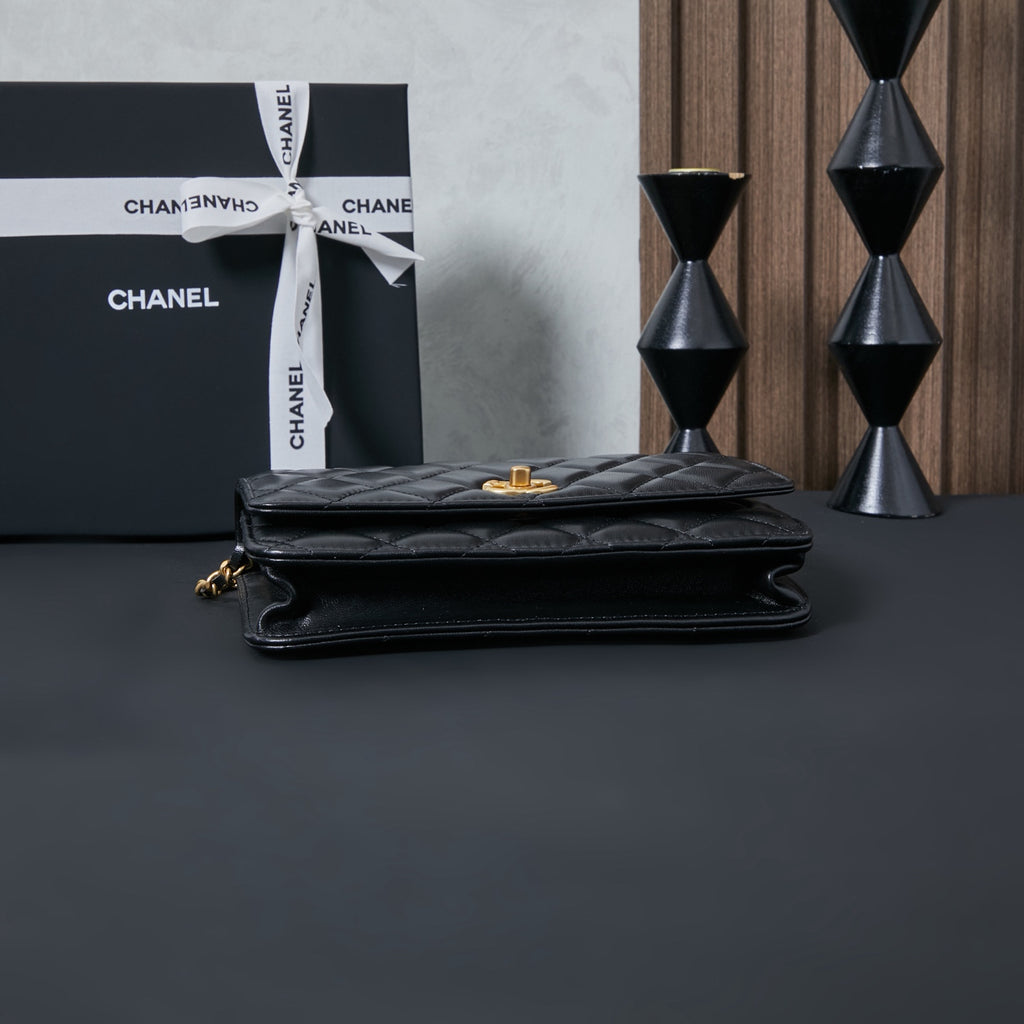 Chanel flap bag in black leather, side view with gold-toned clasp and chain