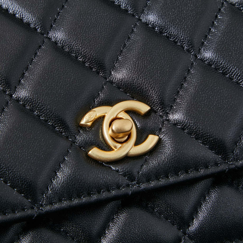 Chanel CC logo detail on black quilted leather flap, gold-tone hardware
