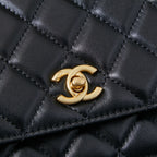 Chanel CC logo detail on black quilted leather flap, gold-tone hardware