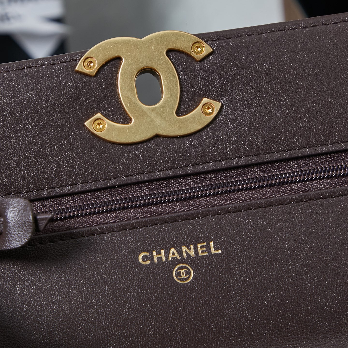 Chanel logo plaque and zip close-up on quilted leather flap bag
