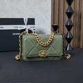 Olive green Chanel quilted flap bag with gold-tone chain strap