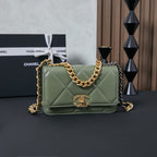 Olive green Chanel quilted flap bag with gold-tone chain strap