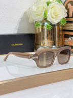 Balenciaga glasses, smoky taupe frame with square lenses and gold double-B detail