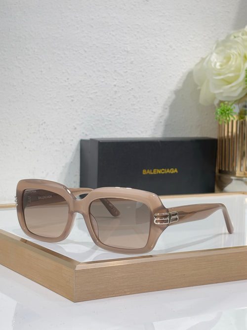 Balenciaga glasses, light taupe frame with square lenses and gold logo detail