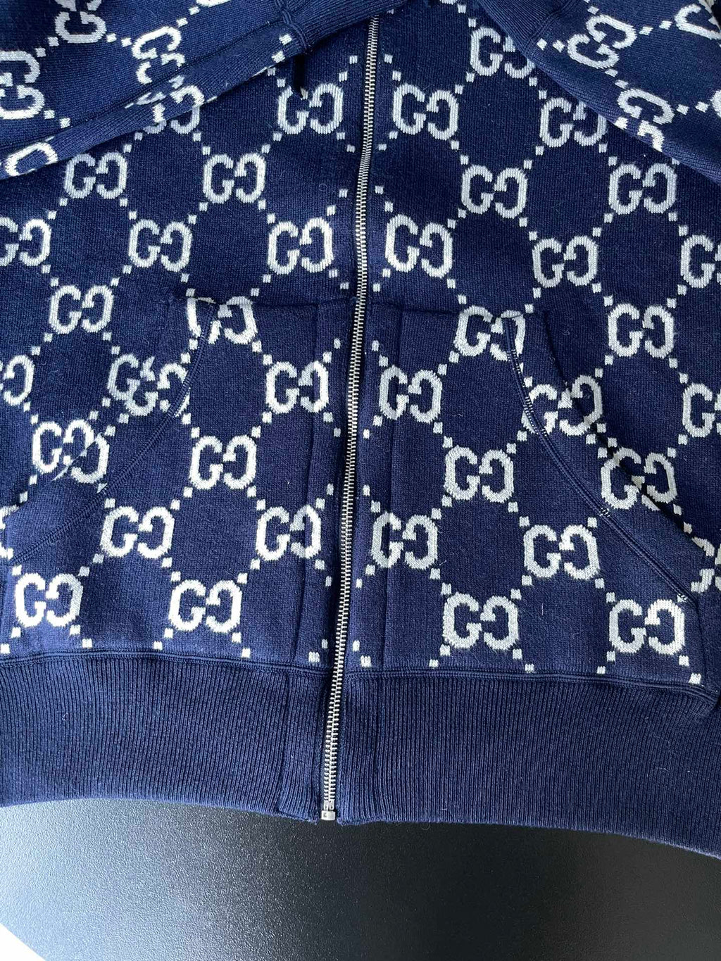 Navy zip hoodie with allover GG pattern and metal zipper