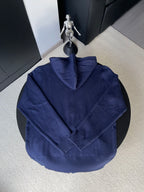 Navy long-sleeve zip hoodie with pointed hood and full-zip front