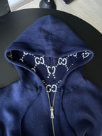 Navy zip hoodie hood with drawstring and small GG monogram pattern trim