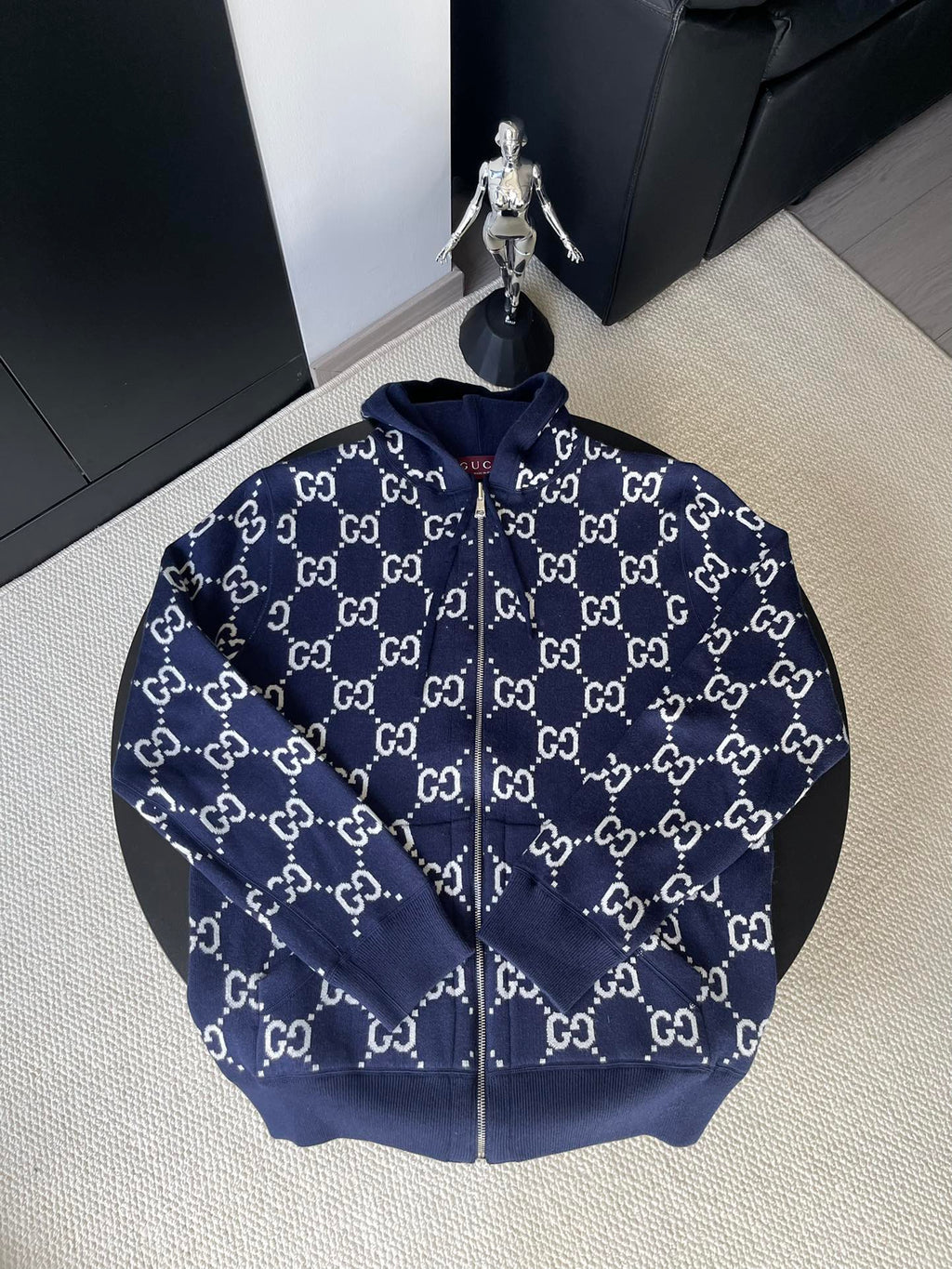 Navy long-sleeve zip hoodie with allover GG pattern and drawstring hood
