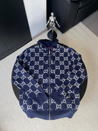 Navy long-sleeve zip hoodie with allover GG pattern and drawstring hood