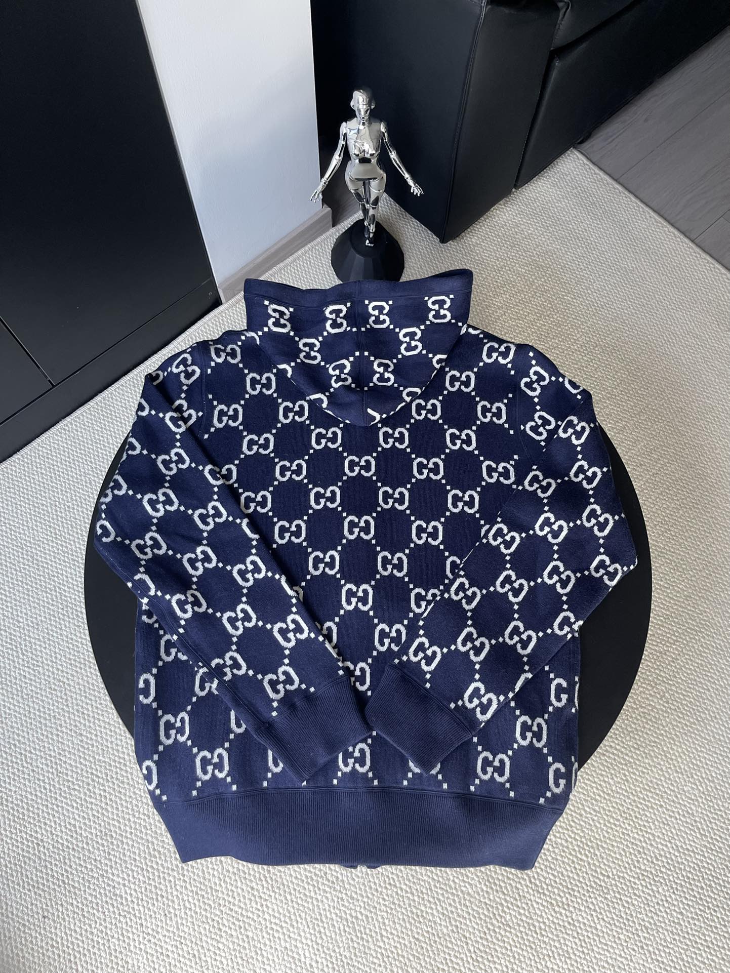 Navy long-sleeve zip hoodie with allover GG pattern, front view
