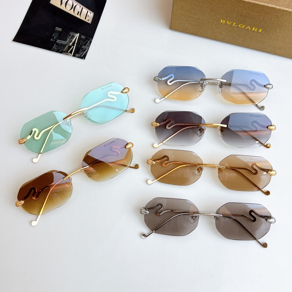 Bvlgari sunglasses assortment with mixed metal frames and mirrored lenses in blue, gold, and gray