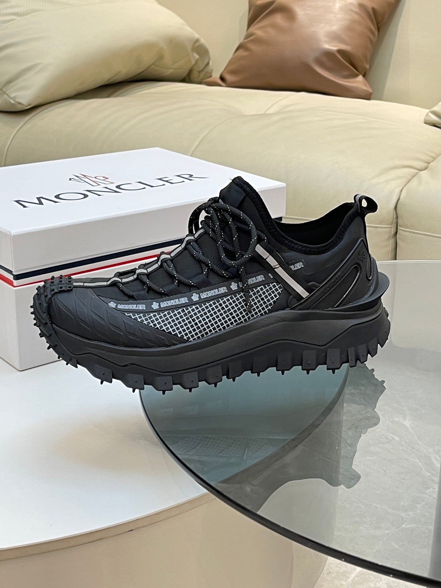 Black Moncler chunky lace-up sneaker, front view