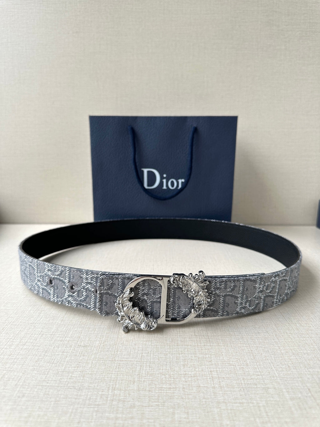 Dior logo-print belt, silver-gray fabric strap with ornate silver buckle.