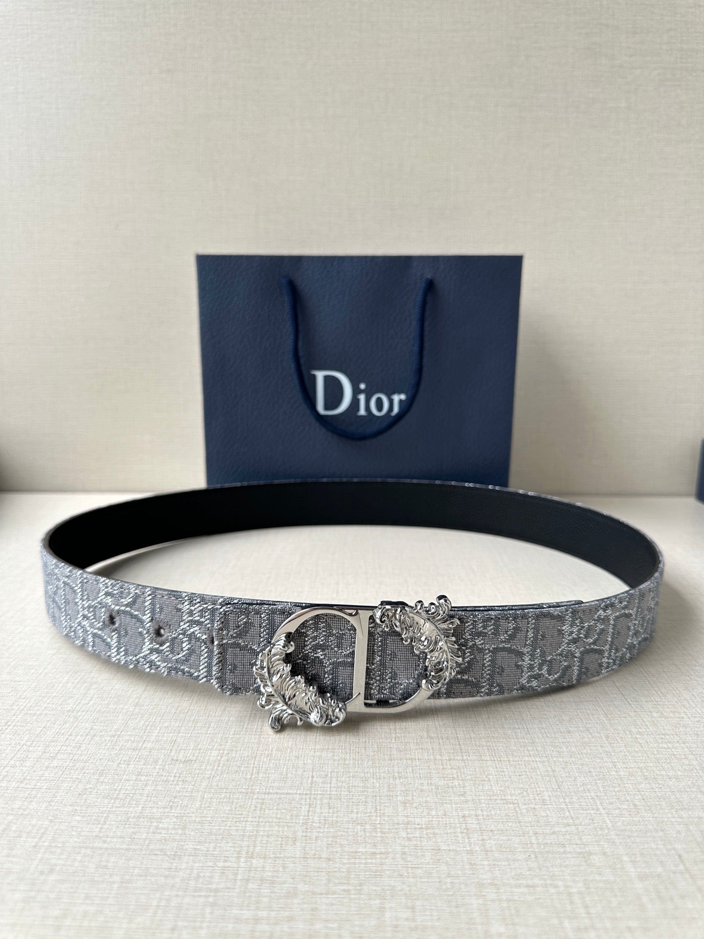 Dior logo-print belt, silver-gray fabric strap with ornate silver buckle.