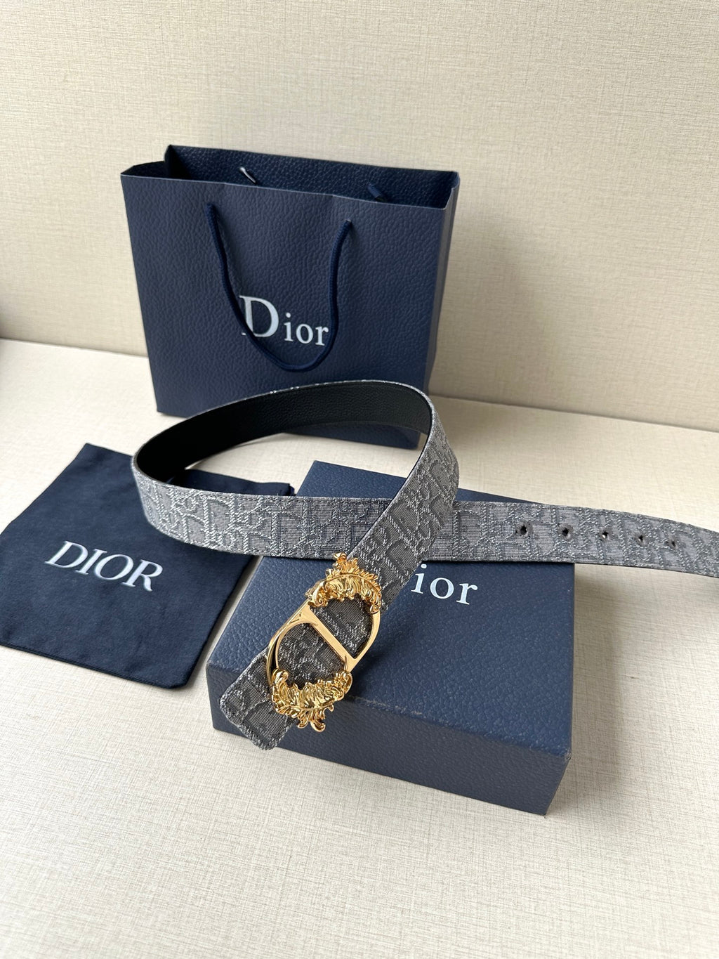 Dior logo-print belt with silver-gray strap and gold-toned buckle, laid out.