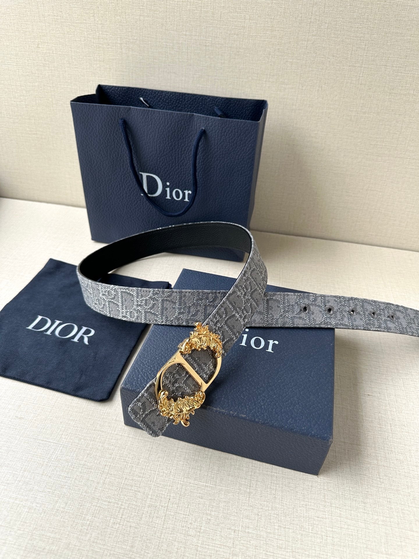 Dior logo-print belt with silver-gray strap and gold-toned buckle, laid out.