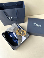 Dior logo-print belt with silver-gray strap and gold-toned ornate buckle in box.
