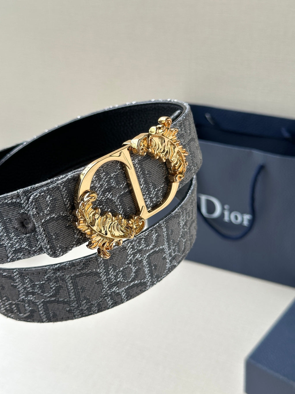 Dior belt close-up: silver-gray monogram strap with gold-toned buckle and bar clasp.