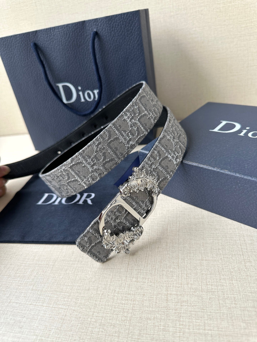 Dior logo-print belt with silver-gray strap and gold-toned ornate buckle, angled.