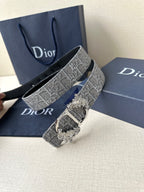 Dior logo-print belt with silver-gray strap and gold-toned ornate buckle, angled.