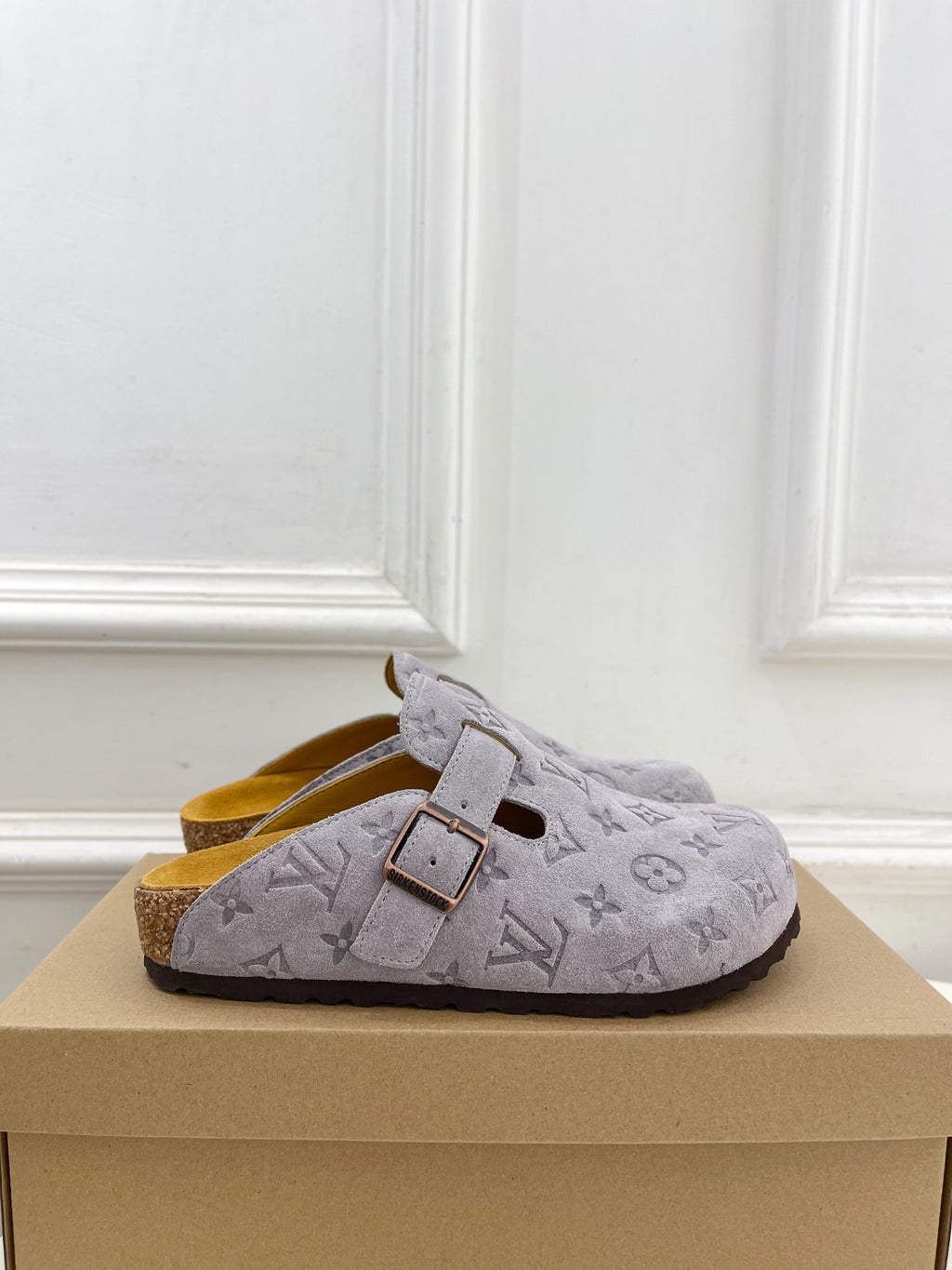 Monogram slide sandals, light gray suede-style with strap and square metal buckle