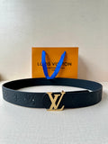 Louis Vuitton belt in dark blue leather with embossed pattern and gold-tone LV buckle