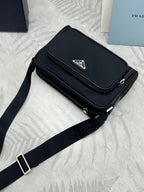 Prada bag, black flap crossbody with long strap and zip top closure