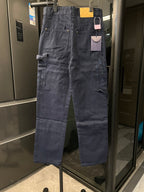 Cargo pants in dark blue denim with multiple patch pockets and button closure