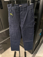 Cargo pants in dark blue denim with belt loops, front button, and patch pockets