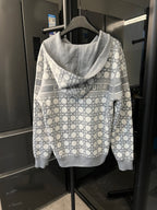 Grey zip-up hoodie with allover Dior monogram print and hood, front view