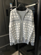 Grey zip-up hoodie with white Dior-style monogram pattern panels and hood
