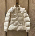 Off-white long puffer jacket with hood, button front, and side pockets
