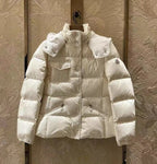 Off-white long puffer jacket with hood, button front, and side pockets