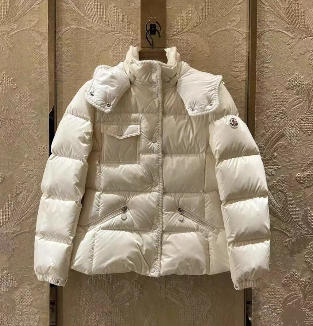 Off-white long puffer jacket with hood, button front, and side pockets