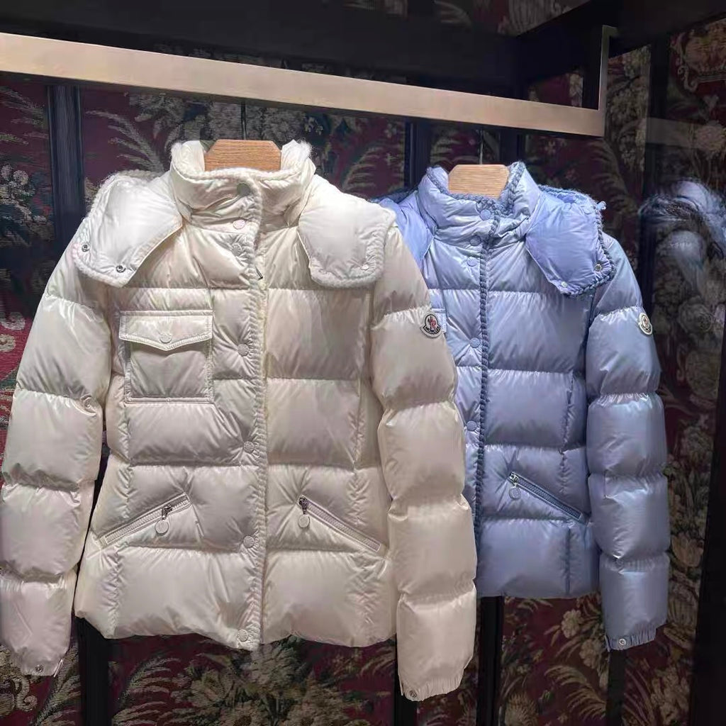 White and light blue long puffer jackets with hood and quilted panels