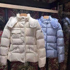 White and light blue long puffer jackets with hood and quilted panels